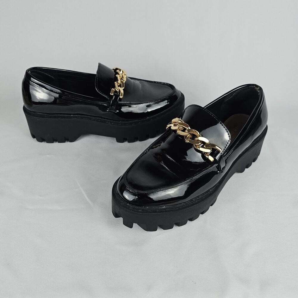 Bamboo Black Gold Chain Platform Penny Loafers, Size 10